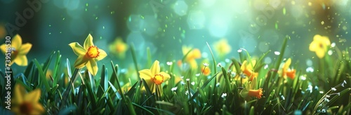 yellow daffodils and grass with sun