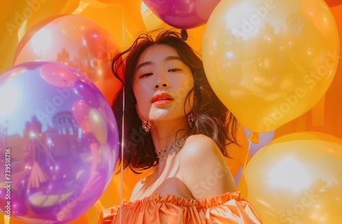 A girl in a cascade of vibrant balloons and confetti, set against a backdrop ...