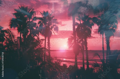 sunset beach with palm trees and pink color sunset