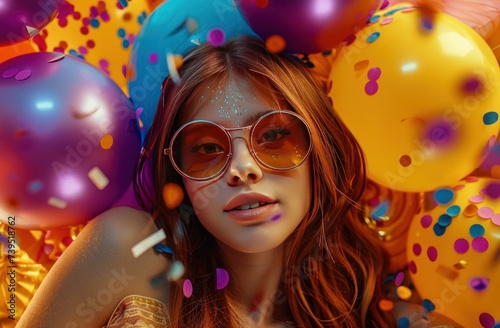 A girl in a of vibrant balloons and confetti, set against a backdrop of rich,...