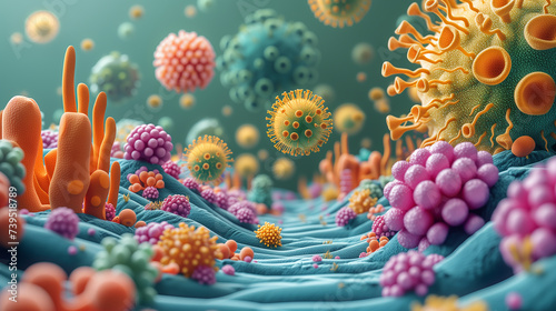 Obraz na płótnie Journey through the microbial landscape of the microbiome, delicate balance of microorganisms w salonie