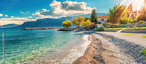Sunny spring seascape of Corinth Gulf. Splendid morning panorama photo