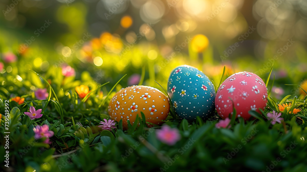 The magic of Easter with colorful eggs nestled in the grass on a sunny spring day The magic of Easter with colorful eggs nestled in the grass on a sunny spring day