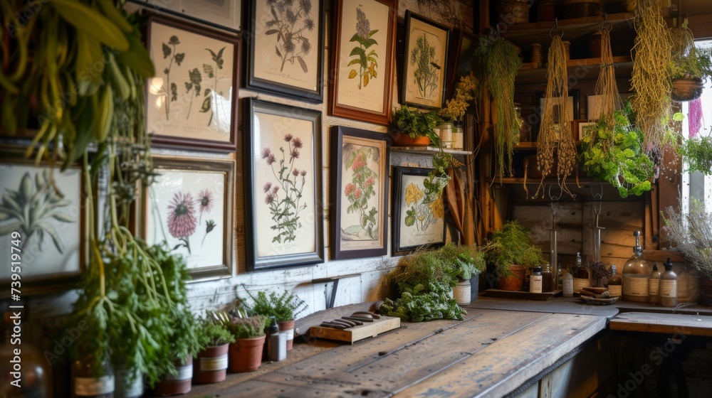Rustic Apothecary with Botanical Illustrations and Hanging Dried Herbs.