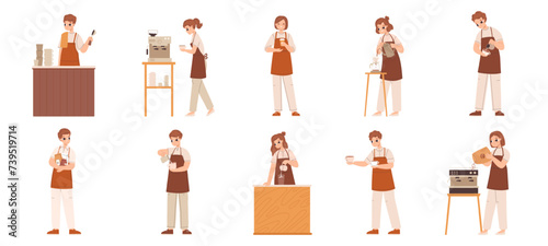 Barista characters. Cute teens working in cafe. Young adults characters doing drinks in bar. Coffee shop owners or workers staff, snugly vector set