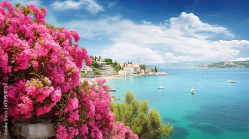 French reviera, view of stunning picturesque coastal town with flowers