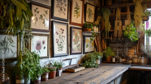 Rustic Apothecary with Botanical Illustrations and Hanging Dried Herbs. © Oksana Smyshliaeva