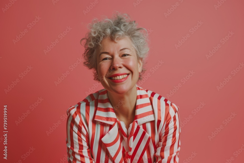 Elegant Senior Woman with Curly Gray Hair Laughing in Striped Blouse. Elegant Senior Woman with Curly Gray Hair Laughing in Striped Blouse.
