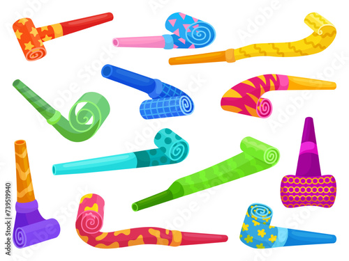 Birthday celebrating accessories, cartoon blowers. Blower or whistle for fans, childish festive sound toys. Blowing elements, neoteric vector set