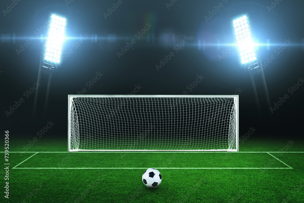 Fototapeta premium Night football field with green grass, with a goal, a ball and bright spotlights in the dark. Football championship and training. Penalty