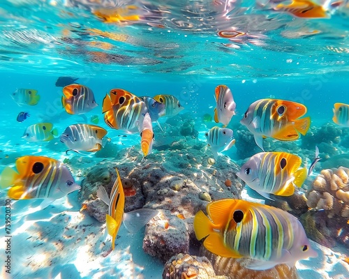 Coral reef snorkeling, underwater beauty, colorful fish, clear waters