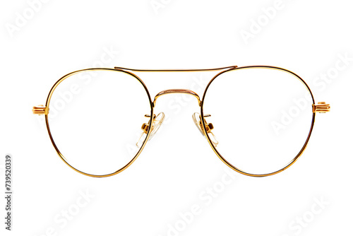 Vintage Round Golden Eyeglasses Isolated on White Background 