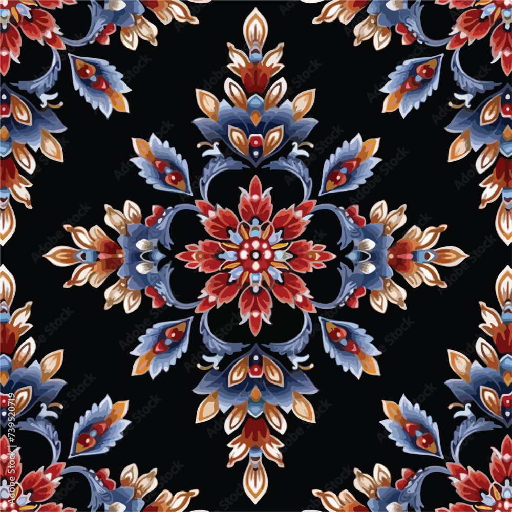 Kalamkari seamles pattern color on black Ornament