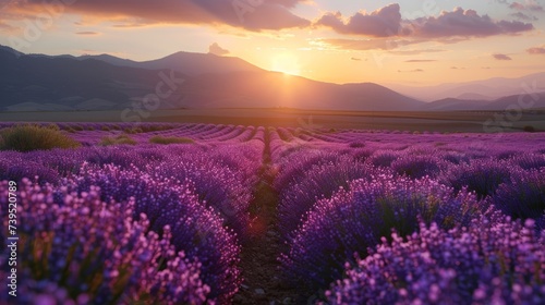 Lavender farm at sunset, purple hues, peaceful, aromatic