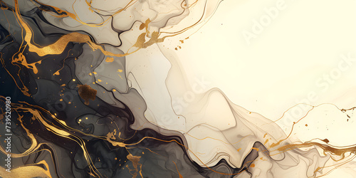 Abstract gold and black liquid paint swirls on ivory background. Modern liquid design for creative backgrounds. Print for packaging, wallpapers, posters. photo