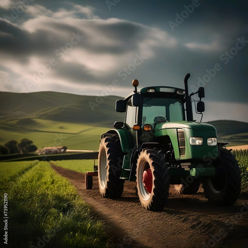 Tractor parado en un camino en medio del campo