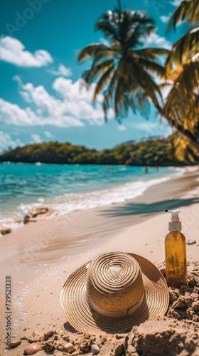 Summer skincare, sunscreen, hat, sunglasses, beach backdrop, protection