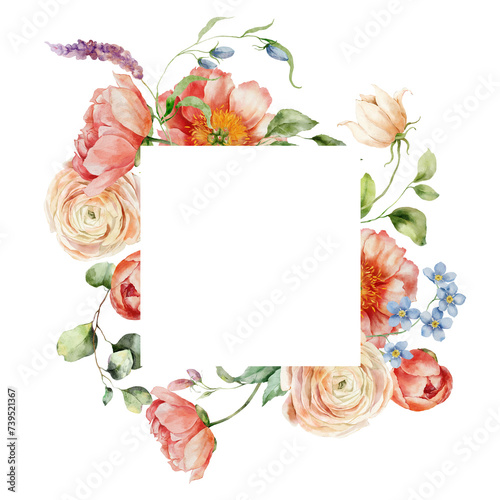 Watercolor frame of bouquet with ranunculus, peony and leaves. Hand painted card of floral elements isolated on white background. Holiday flowers Illustration for design, print or background.