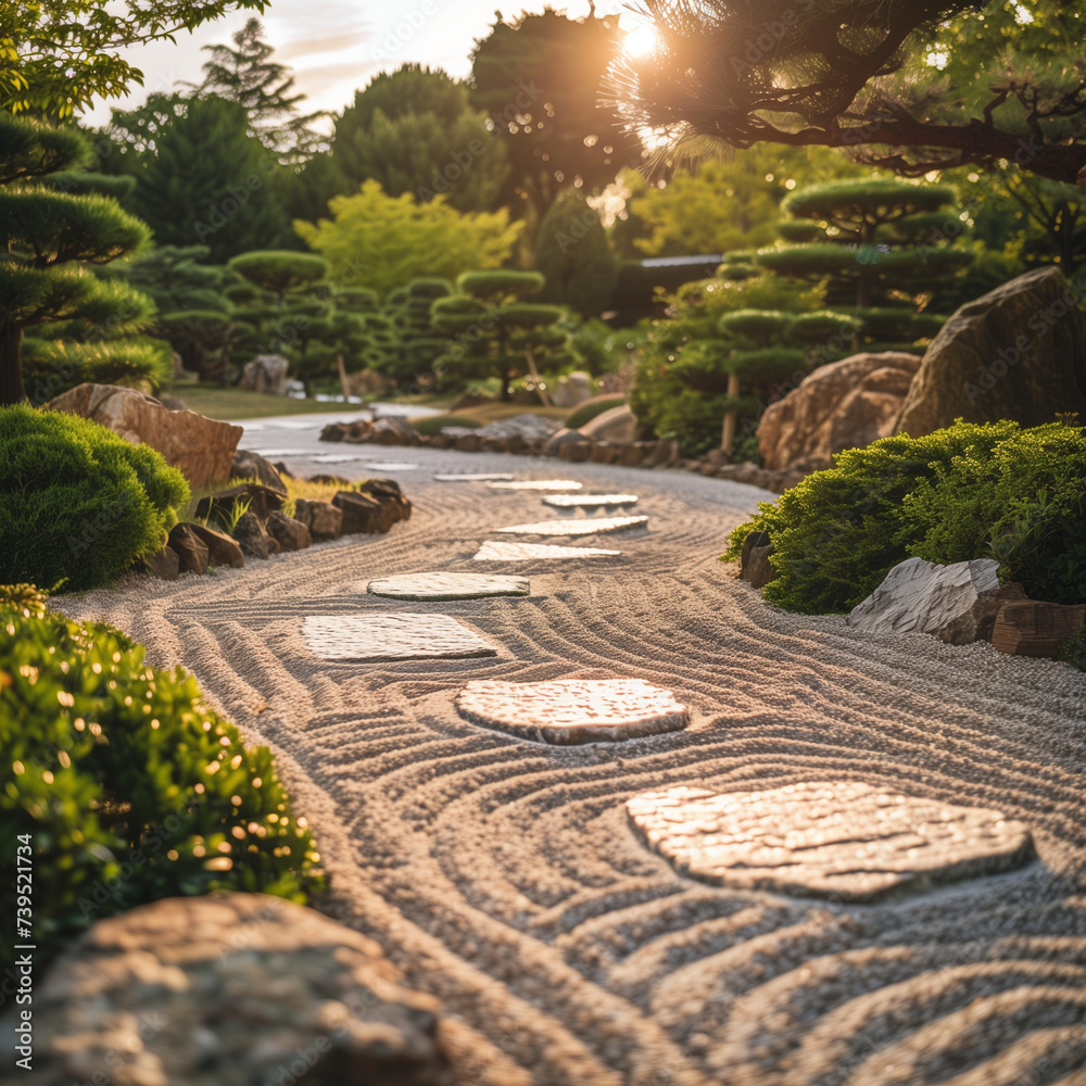 Serene Zen Garden at Sunset with Beautifully Raked Sand and Stepping Stones Serene Zen Garden at Sunset with Beautifully Raked Sand and Stepping Stones