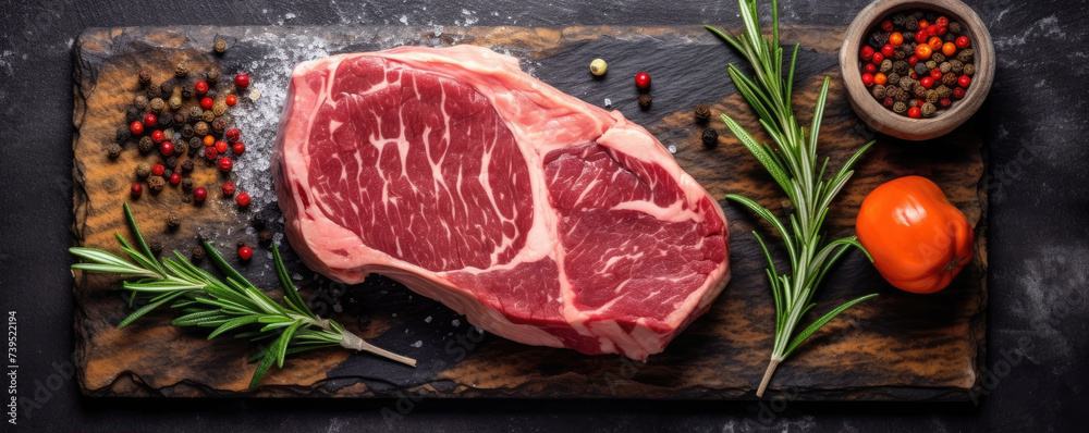 Raw beef steak on dark black board background, above top view, text copy space, uncooked raw beef steak,rosemary spices, cooking ingredients.