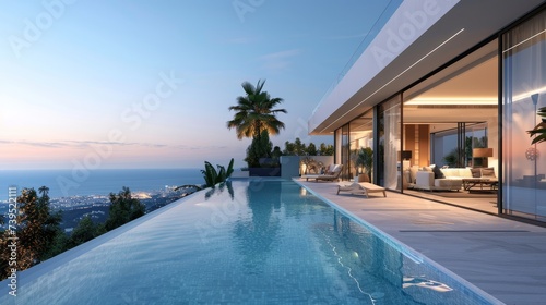 Luxurious home with an open plan living area leading to a beautiful pool with a great view © toomi123