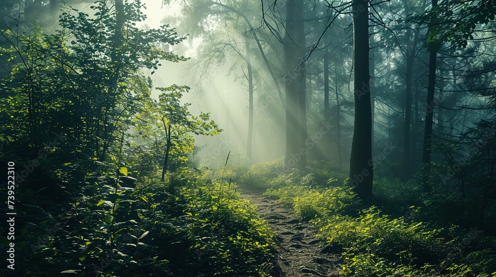 The image features a serene forest scene with sunbeams streaming through the mist. Tall, slender trees with varying bark textures stand amid a lush undergrowth of vibrant green foliage. A narrow, wind The image features a serene forest scene with sunbeams streaming through the mist. Tall, slender trees with varying bark textures stand amid a lush undergrowth of vibrant green foliage. A narrow, wind