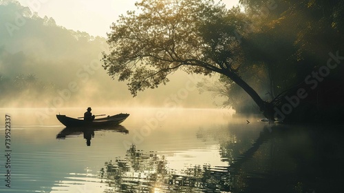 A serene lake enveloped in mist, with a lone person silently rowing a small boat. The silhouette of the rower is offset by the gentle light piercing through the fog, creating a soft glow around them. 