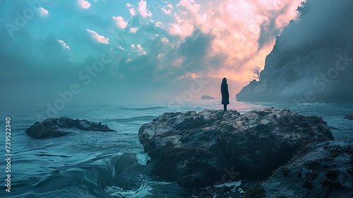 A solitary figure stands on a rugged outcrop surrounded by a serene body of water. The sky above is dramatic, filled with a mix of fluffy and brooding clouds reflecting hues of pink, blue, and white a