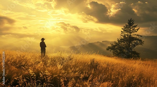The image captures a serene sunset scene with golden sunlight filtering through a partly cloudy sky. A lone figure stands in a field of tall, sunlit grasses, gazing towards the horizon. The person is  © Jesse