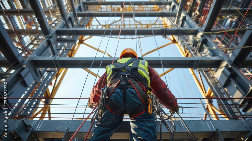 A man in workwear with a red jumpsuit, helmet, and engineering tools stands on a ladder in a building amidst the city's steel and metal structures. AIG41