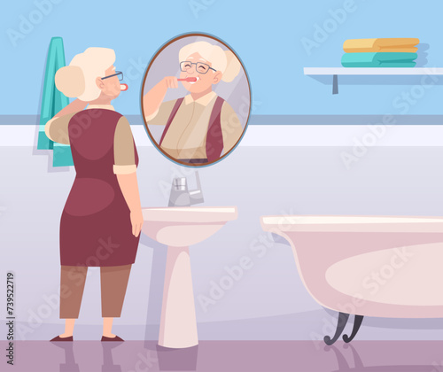 Elderly brushing teeth everyday hygiene in bathroom