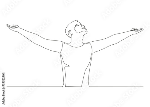Happy man raising hands in an exercise of relax and breathing, one line continuous drawing. Person stretching arms as symbol of freedom and openness to peace. Vector