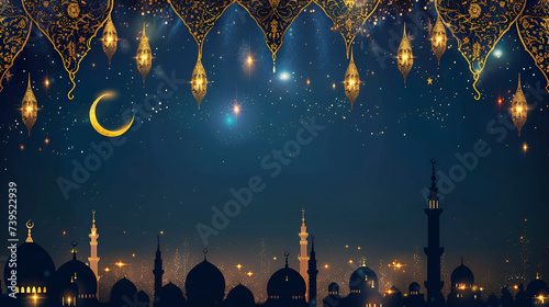 Ramadan, mosque, crescent moon, golden pattern, blue background, Eid, Ramadan card, , Copy space, holiday, Ramadan banner, Space for text, Arabic culture, East, Islam, Traditions, Arabic, Religion, il