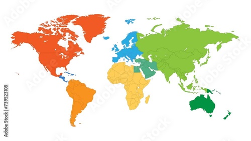 World map animation. Animation of connecting all continents into a whole color world map with borders in the background with an alpha channel. Motion design.
