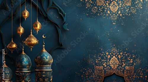 banner or card for ramadan copyspace gold pattern on blue background with space for text