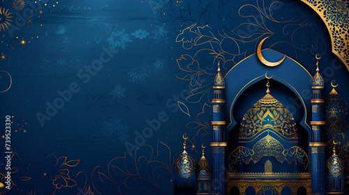 banner with copy space, golden image of a mosque and crescent on a blue background with space for text