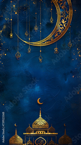 banner with copy space, image of a mosque and crescent on a blue background with space for text
