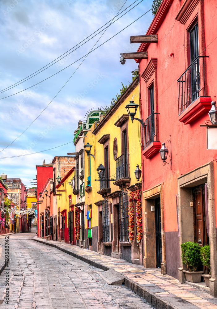 Beautiful street with traditional houses in San Miguel de Allende in Guanajuato, Mexico