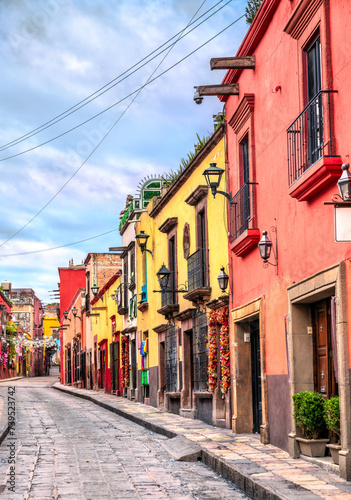 Beautiful street with traditional houses in San Miguel de Allende in Guanajuato  Mexico