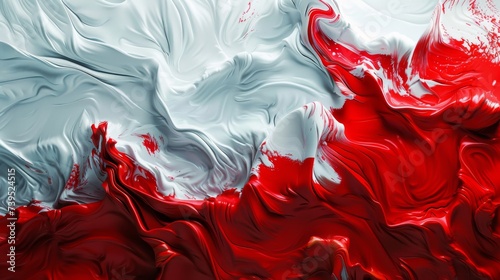 Abstract red and white fluid acrylic art with dynamic marble texture. Vibrant swirls of red and white in a fluid art painting.
