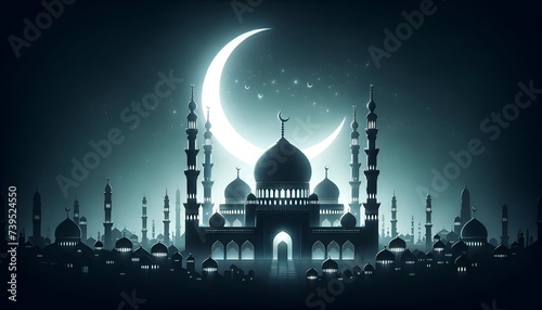 Illustration for ramadan with mosque and crescent moon at night.