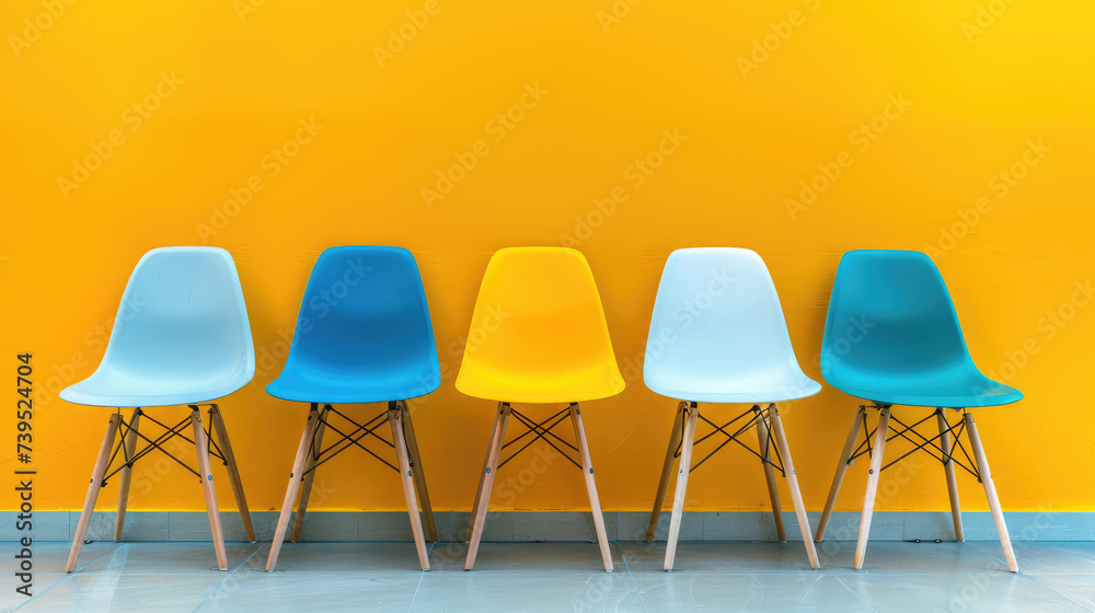 Obraz premium A row of colorful modern chairs against a vibrant yellow wall in a minimalist setting.