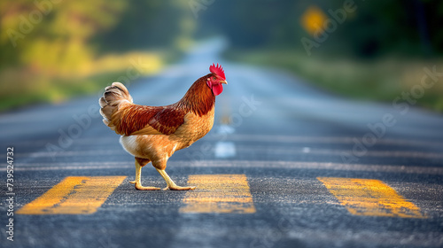 Red chicken or hen crossing a road using a crosswalk.