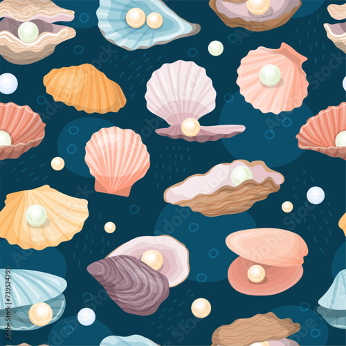 Seashells pattern. Textile design with seashell pearl illustrations recent vector seamless background with natural jewelry