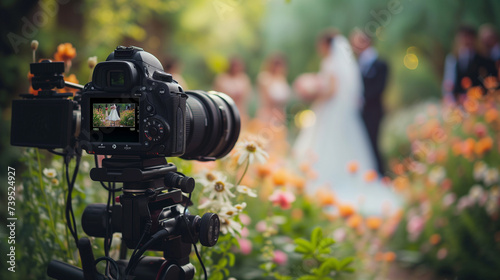 Closeup of video camera on tripod during a wedding ceremony. Wedding videography services.
