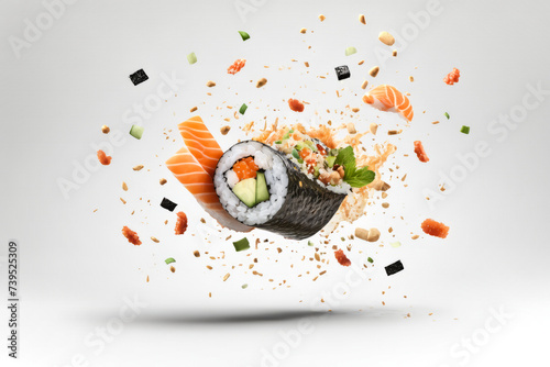 Studio shot, close up of delicious sushi roll with avocado, salmon, cucumber and seeds, ingredients falling isolated on white background, it's raining sushi