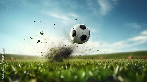 Soccer player falling and kicking ball on grass field - Ai generated