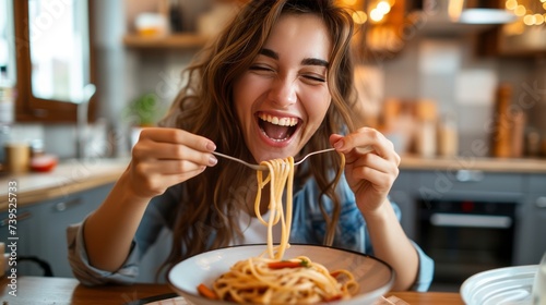 Happy young european lady eating delicious homemade Italian pasta  enjoying tasty lunch  looking at camera and laughing  sitting in cozy kitchen interior  copy space 