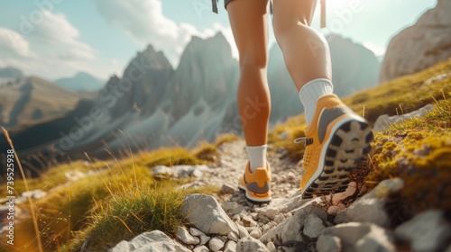 Hiking in the mountains. Female legs with sports shoes and backpack running on a trail mountain, close up --ar 16:9 --v 6 Job ID: 89d47f6e-438e-45a0-84d7-2c6fc1c38b64
