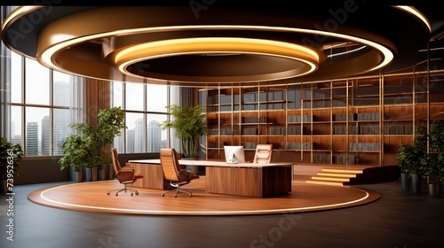 Luxurious executive office with circular lighting and cityscape views. Wooden design. Concept of modern leadership, upscale design, and executive workspace. © Jafree
